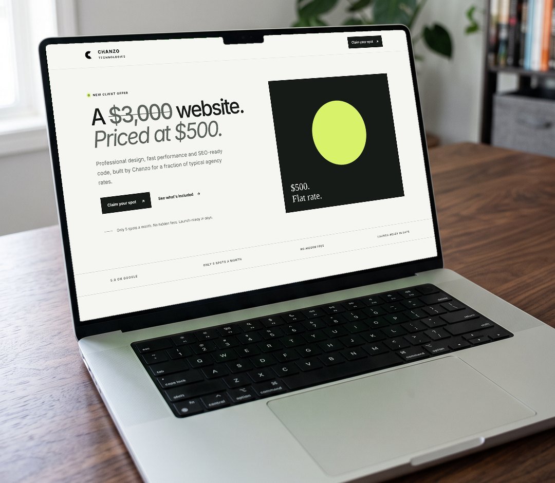 A MacBook on a desk showing a finished Chanzo-built website